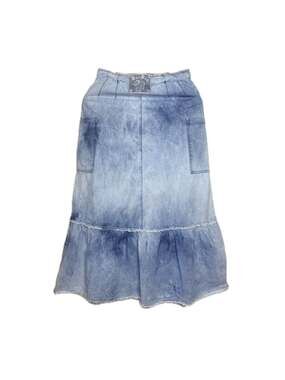 Vintage Doc Dog Acid Wash Denim Tiered Ruffle Maxi Skirt with Floral Detail